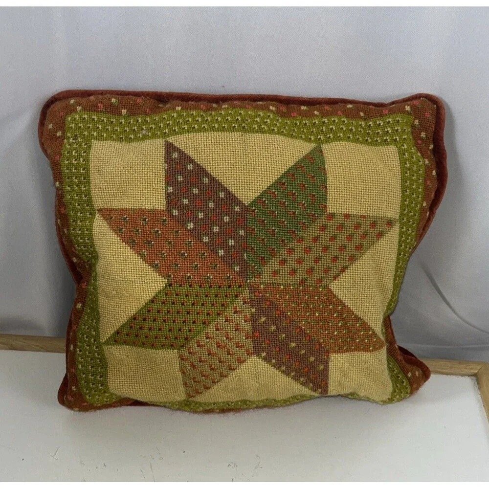 Vintage Needlepoint Decorative Star Pattern Pillow 12x12 1800 Early 1900